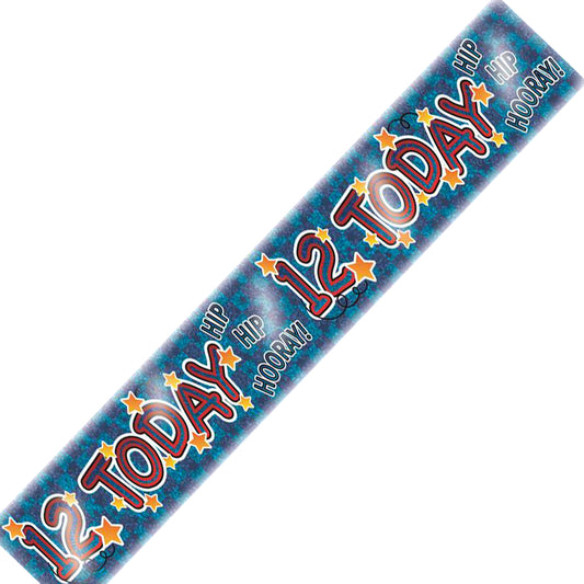 Age 12 Birthday Banner Blue, Red And Silver Holographic Recyclable 12th Birthday Party Banner
