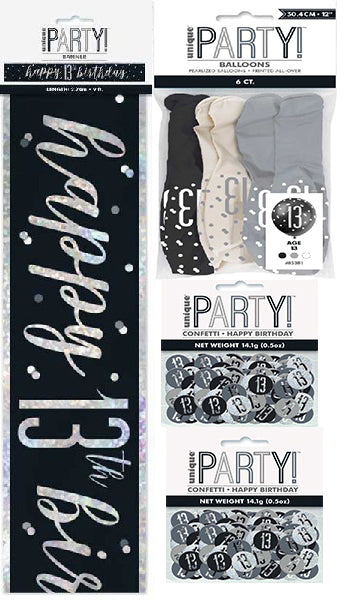 Black And Silver Bundle A Banner, Confetti, Balloons Ages 13 to 100