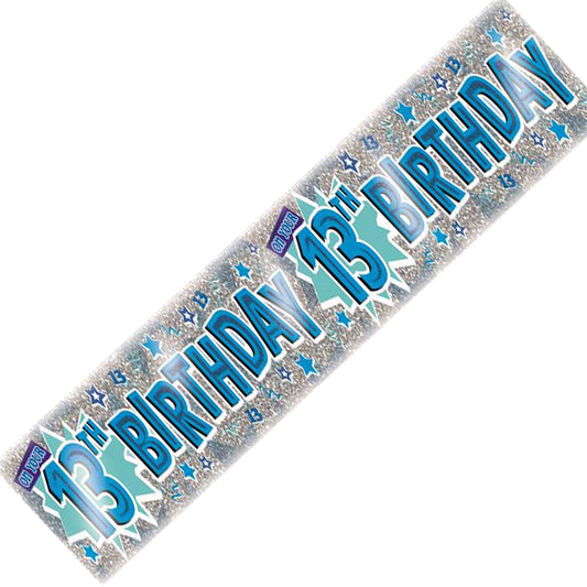 Age 13 Birthday Banner Blue And Silver Holographic Recyclable 13th Birthday Party Banner