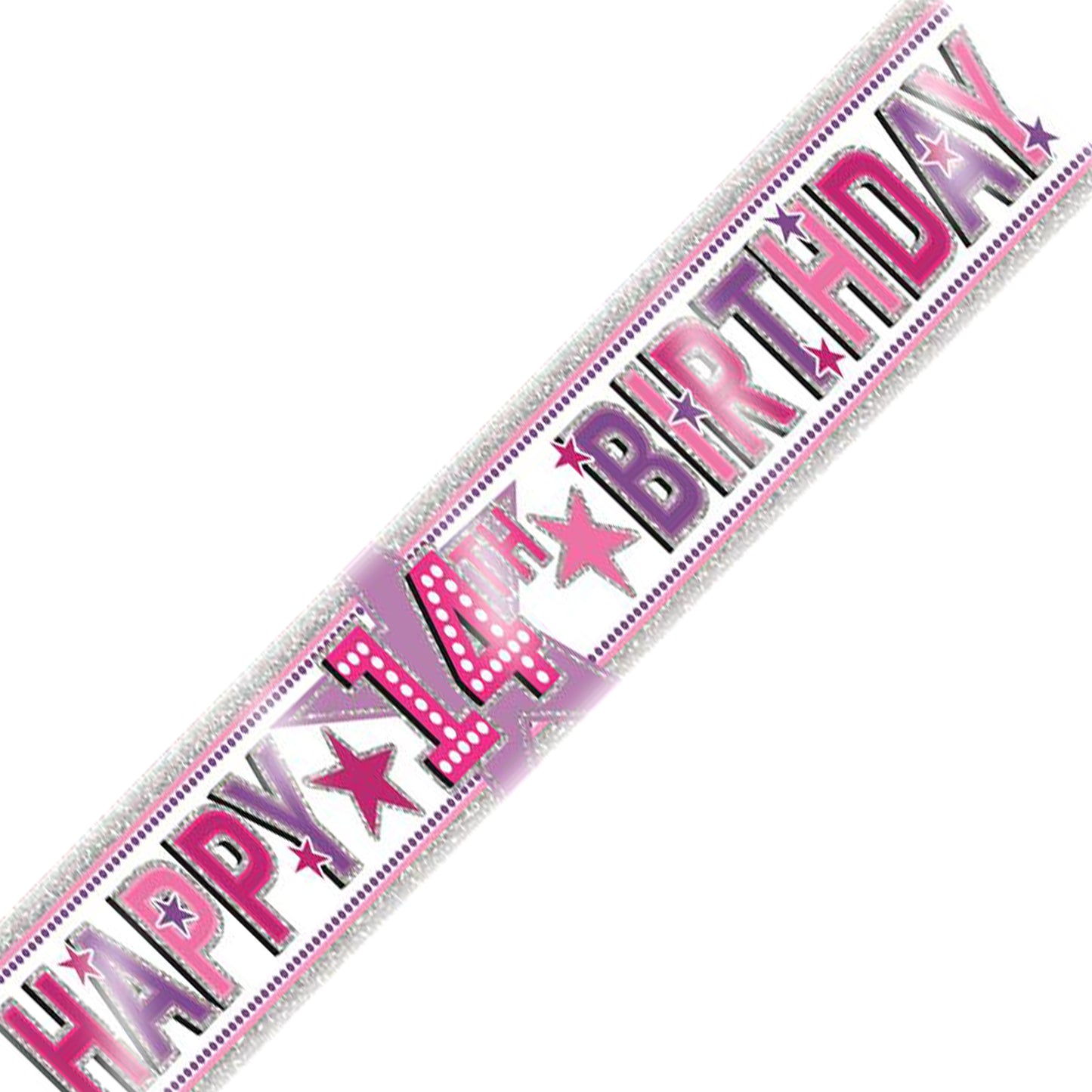 Age 14 Birthday Banner Pink And Silver Star Holographic Recyclable 14th Birthday Party Banner