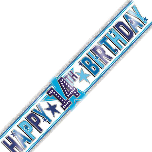 Age 14 Birthday Banner Blue And Silver Star Holographic Recyclable 14th Birthday Party Banner