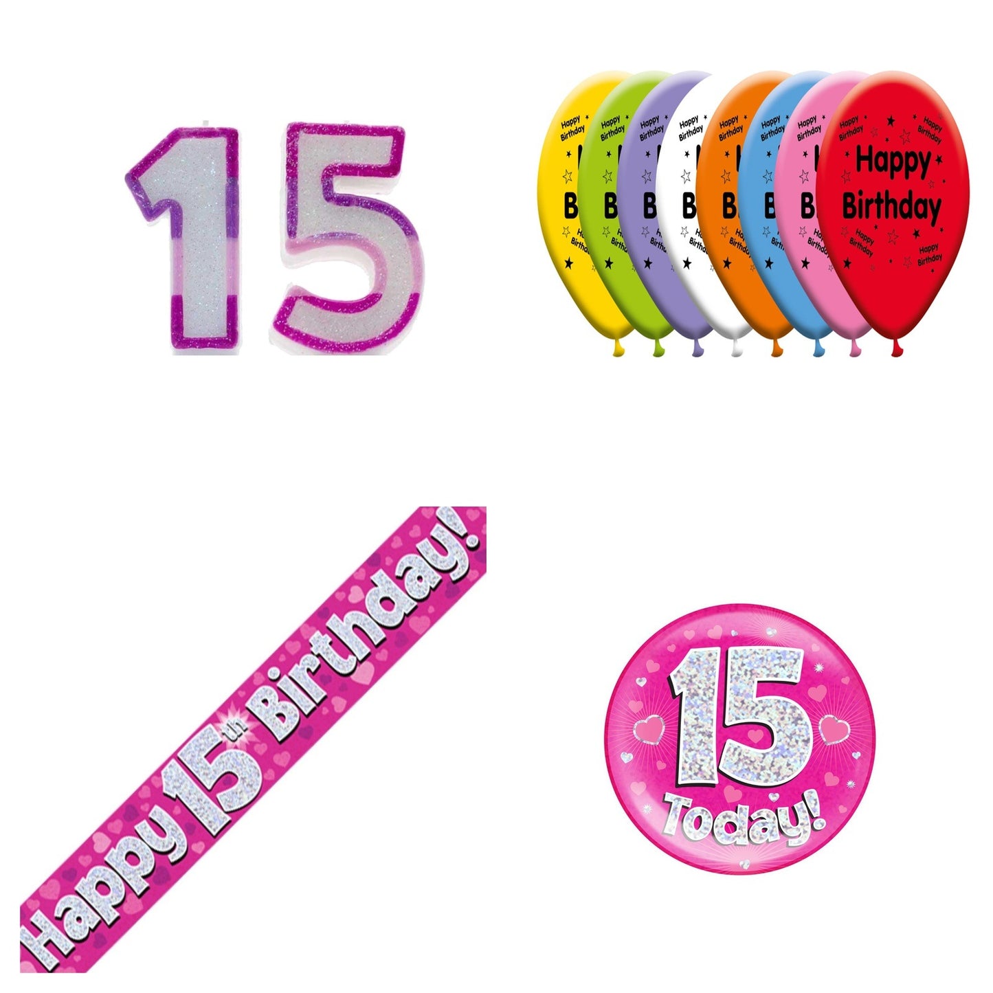 Pink Hearts Bundle B Banner, Balloons, Candle, Badge Ages 1 to 90