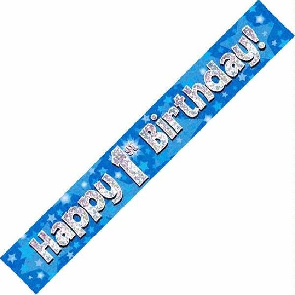 Happy 1st Birthday Blue holographic Banner
