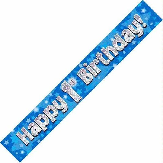 Happy 1st Birthday Blue holographic Banner