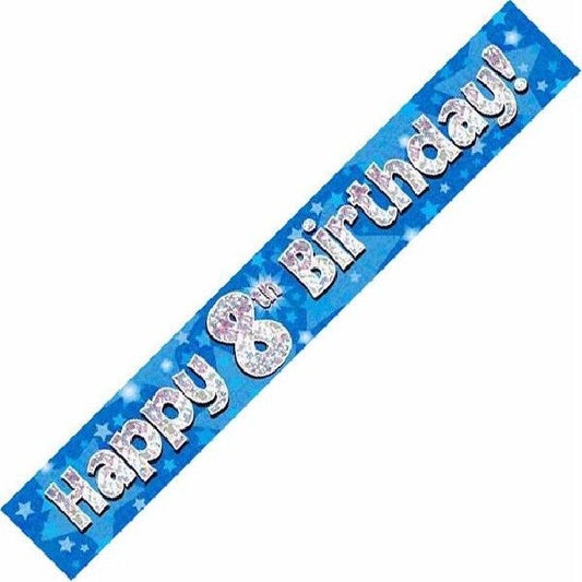 Happy 8th Birthday Blue holographic Banner