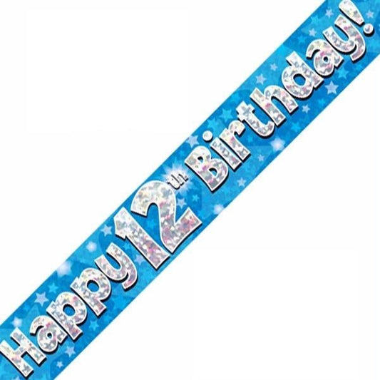 Happy 12th Birthday Blue holographic Banner