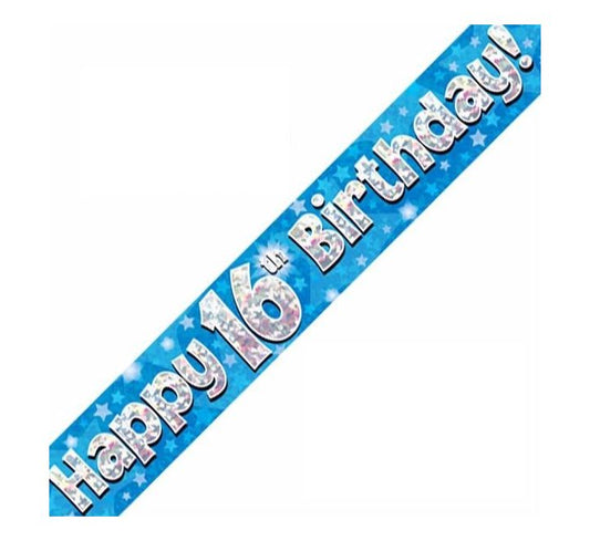 Happy 16th Birthday Blue holographic Banner