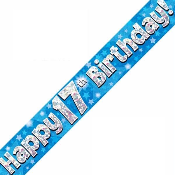 Happy 17th Birthday Blue holographic Banner