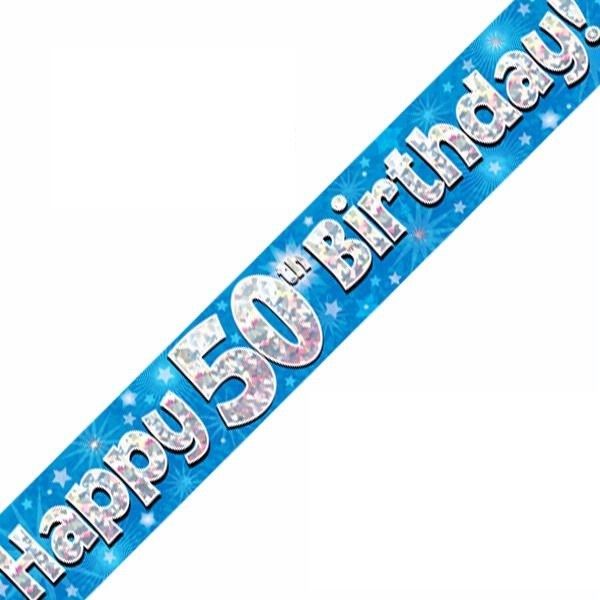 Happy 50th Birthday Blue holographic Banner