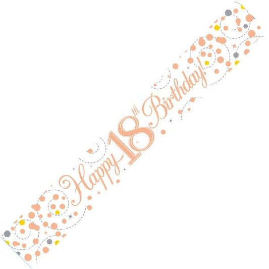 9ft Banner Sparkling Fizz 18th Birthday White & Rose Gold Holographic