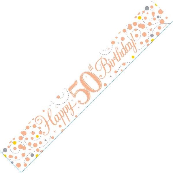 9ft Banner Sparkling Fizz 50th Birthday White & Rose Gold Holographic