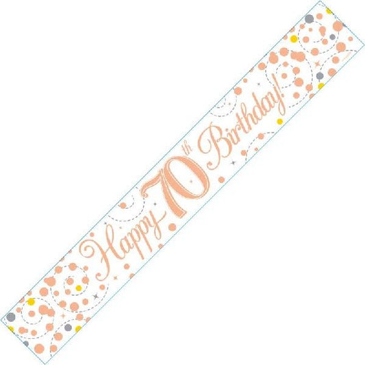 9ft Banner Sparkling Fizz 70th Birthday White & Rose Gold Holographic