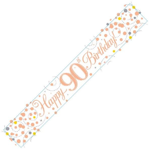 9ft Banner Sparkling Fizz 90th Birthday White & Rose Gold Holographic