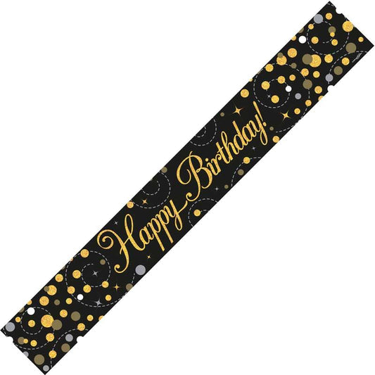 9ft Banner Sparkling Fizz Happy Birthday Black & Gold Holographic