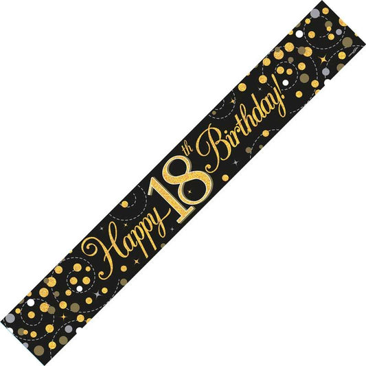 9ft Banner Sparkling Fizz 18th Birthday Black & Gold Holographic
