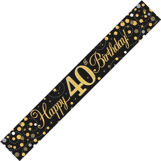 9ft Banner Sparkling Fizz 40th Birthday Black & Gold Holographic