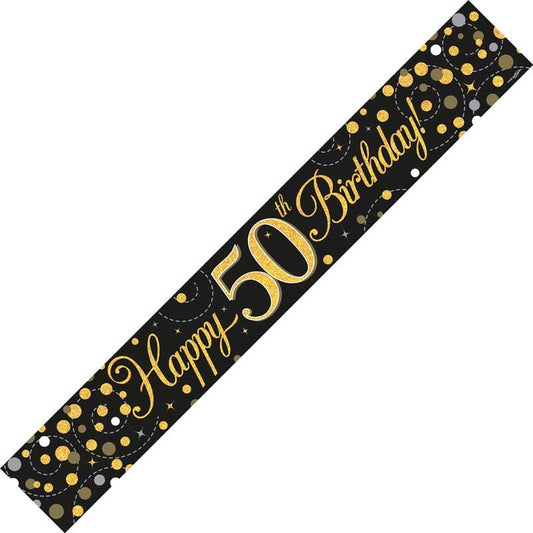 9ft Banner Sparkling Fizz 50th Birthday Black & Gold Holographic