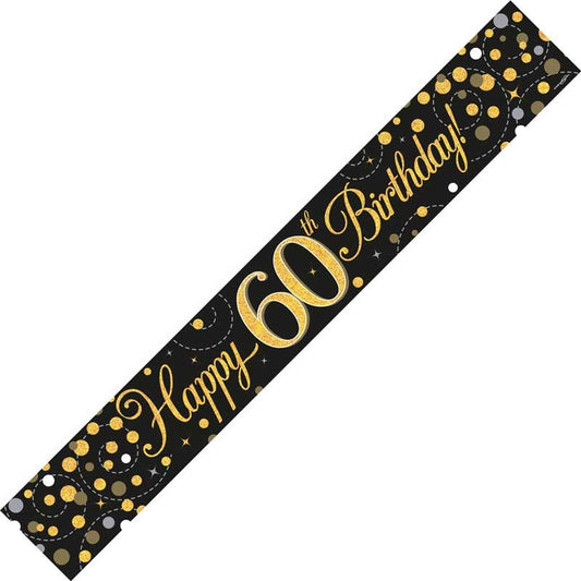 9ft Banner Sparkling Fizz 60th Birthday Black & Gold Holographic