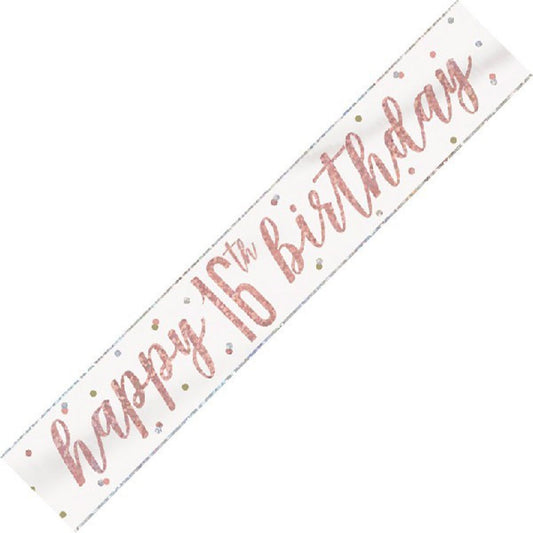 Rose Gold & Silver Foil Banner Happy 16th Birthday