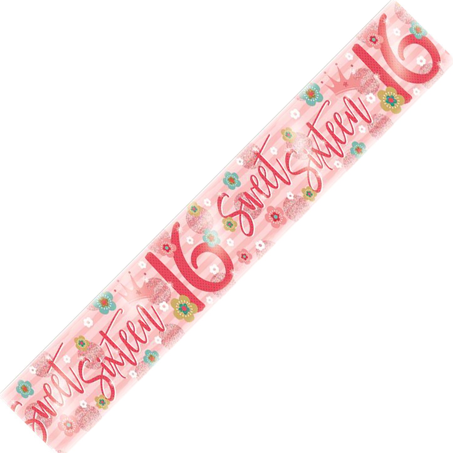 Age 16 Birthday Banner Pink And Silver Holographic Flower Recyclable Sweet Sixteen 16th Birthday Party Banner