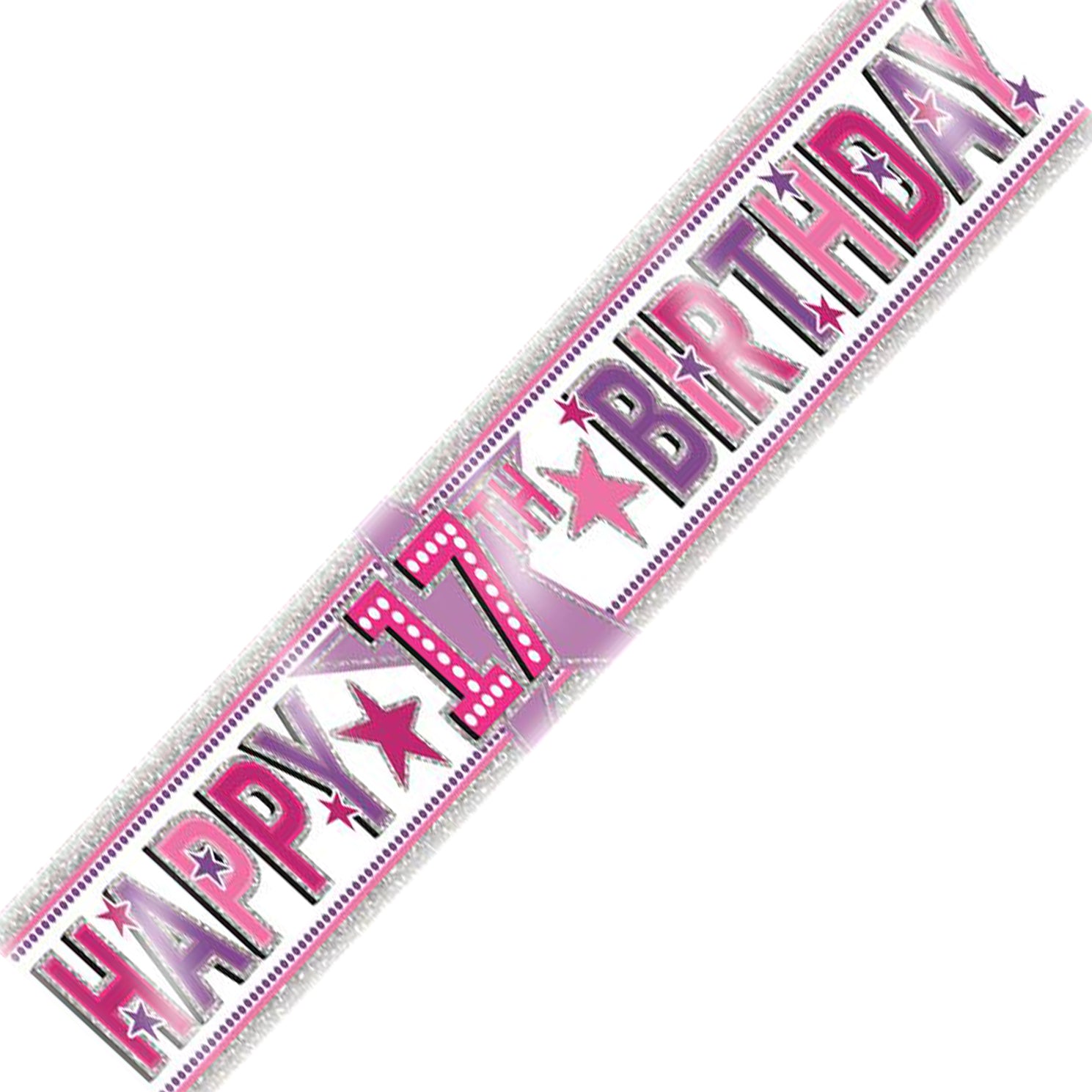 Age 17 Birthday Banner Pink And Silver Holographic Recyclable Star 17th Birthday Party Banner