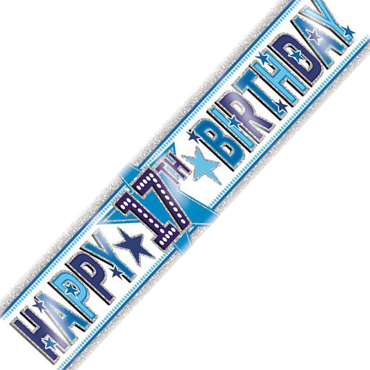 Age 17 Birthday Banner Blue And Silver Holographic Recyclable Star 17th Birthday Party Banner