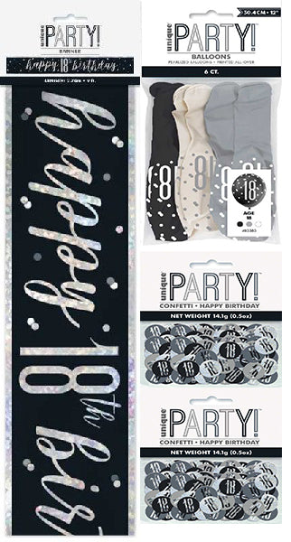 Black And Silver Bundle A Banner, Confetti, Balloons Ages 13 to 100