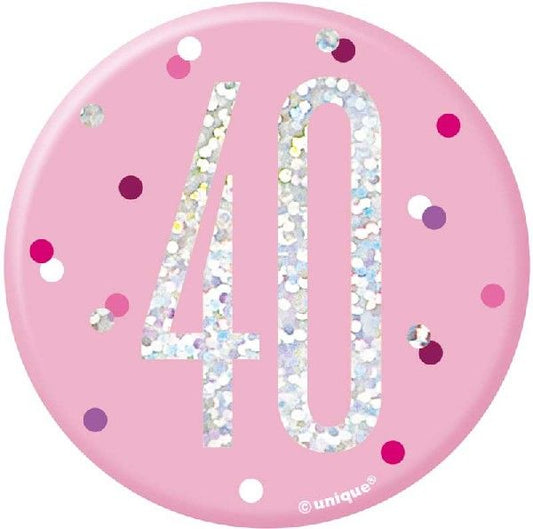Pink & Silver Birthday Badge 40th