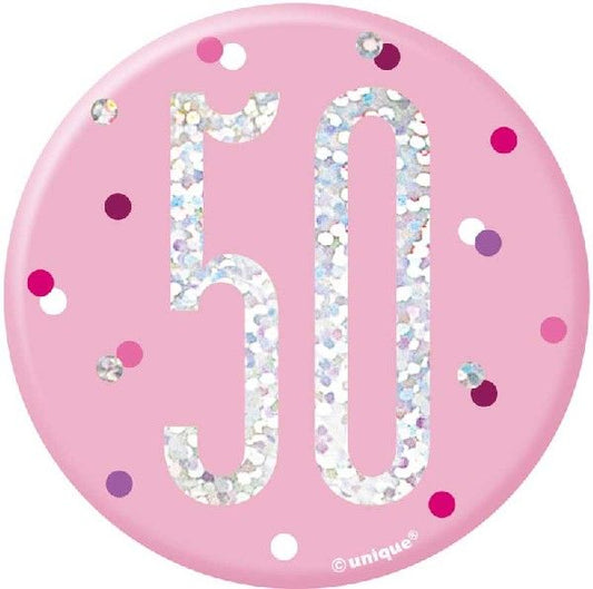 Pink & Silver Birthday Badge 50th