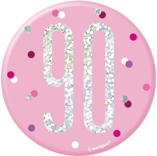 Pink & Silver Birthday Badge 90th
