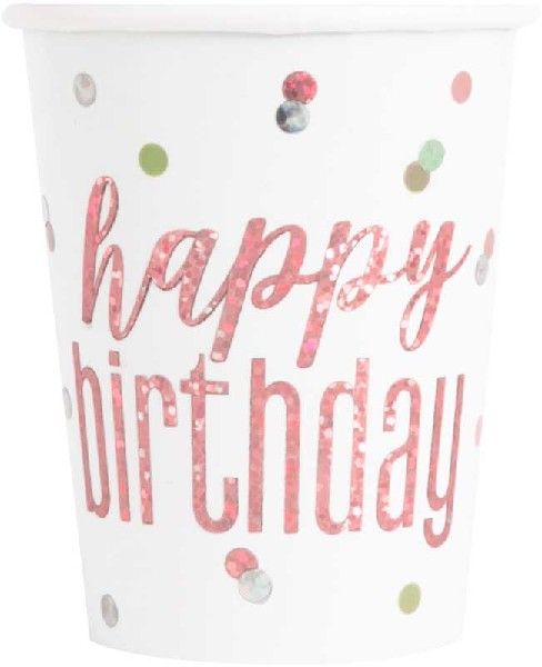 8 Rose Gold & Silver Happy Birthday Cups, 9oz