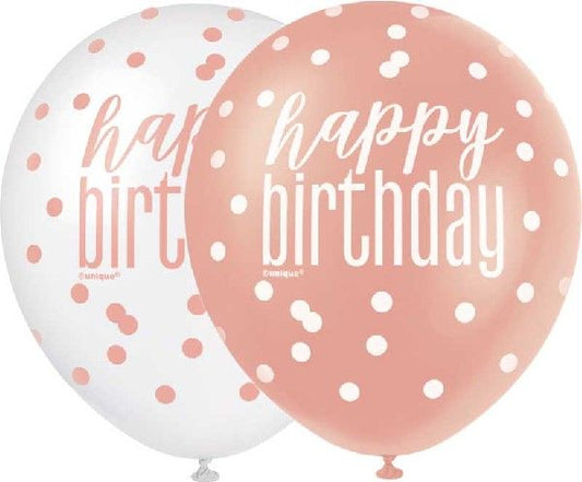 Rose Gold & White Latex Balloons Happy Birthday
