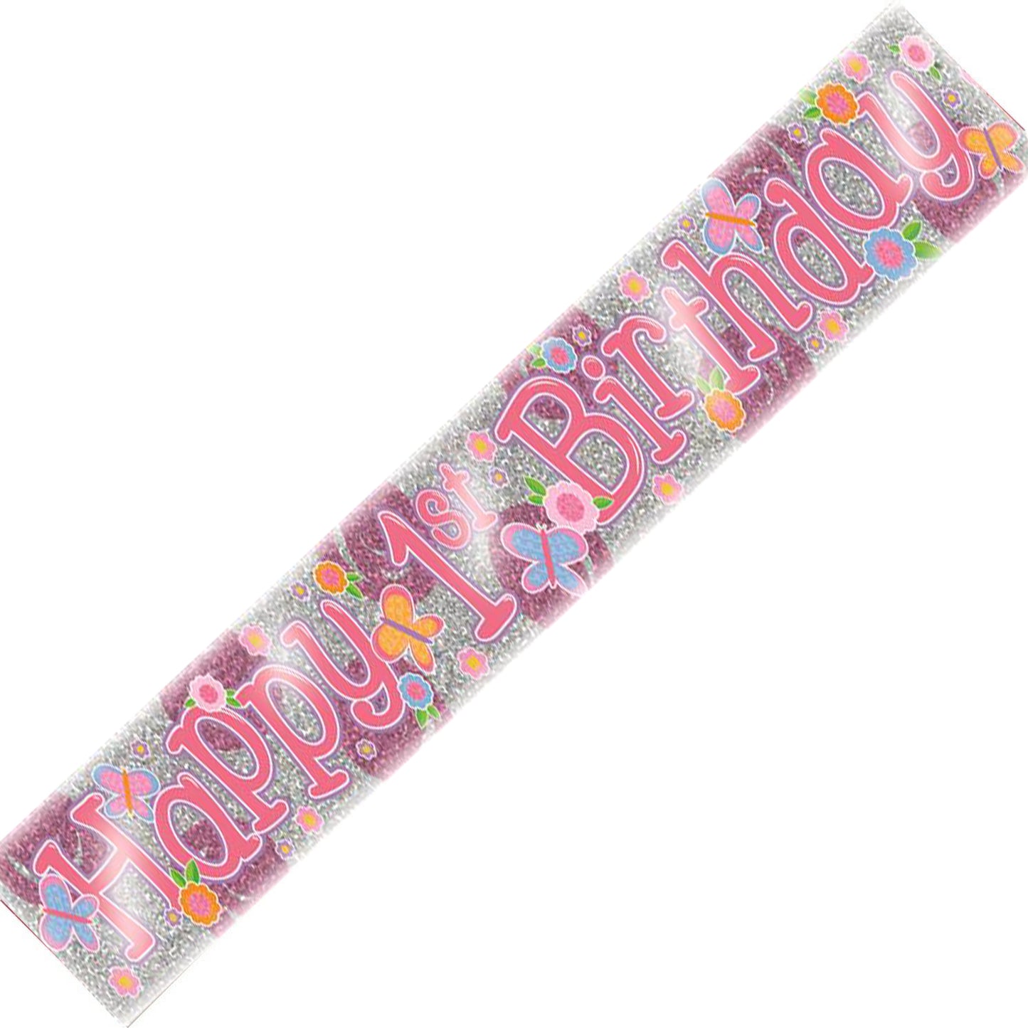 Age 1 Birthday Banner Pink And Silver Holographic Recyclable 1st Birthday Party Banner