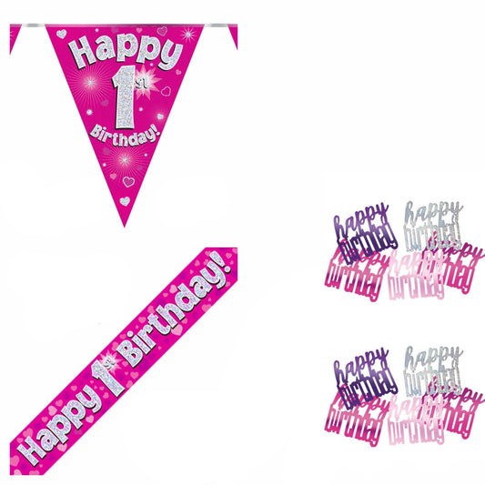 Pink Hearts Bundle A Banner, Bunting, Confetti Ages 1 to 90