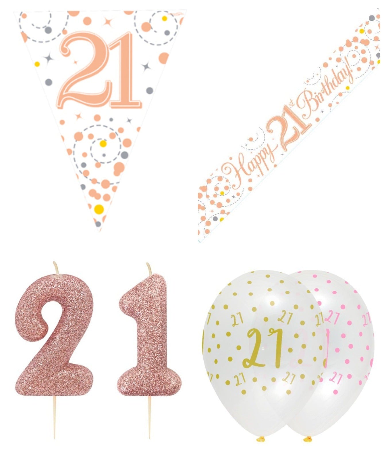 Rose Gold Bundle C Banner, Balloons, Candle, Bunting Ages 16 to 90
