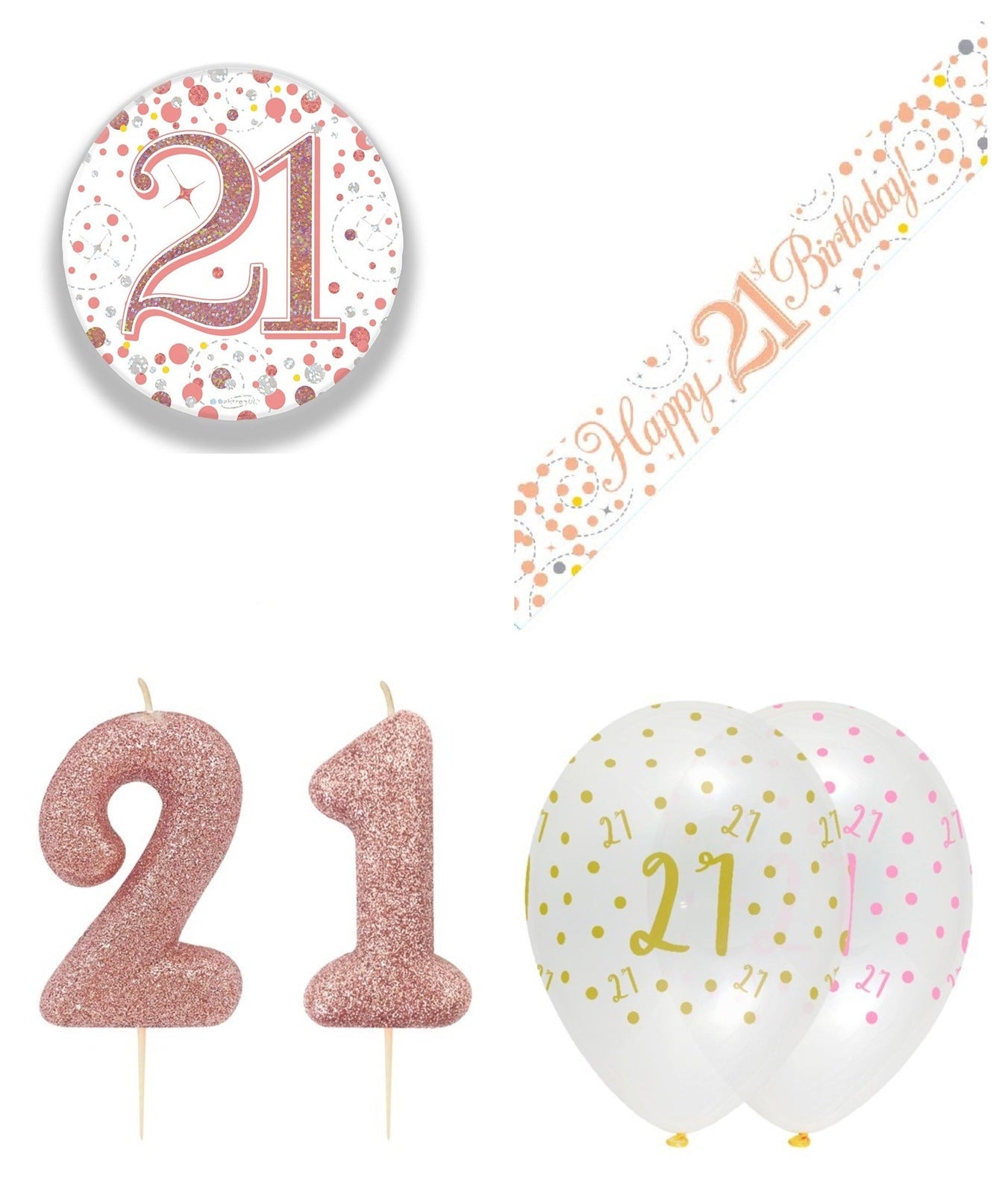 Rose Gold Bundle B Banner, Balloons, Candle, Badge Ages 16 to 90