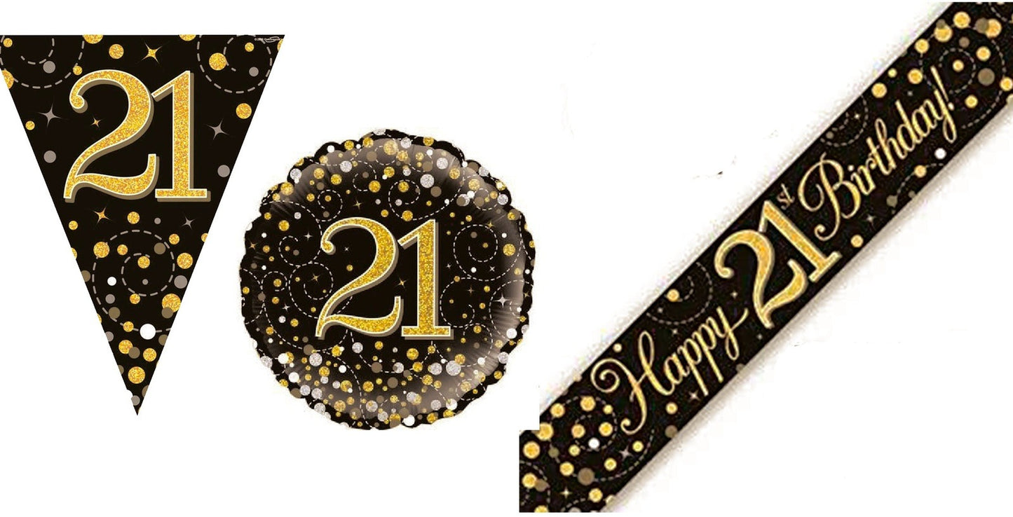 Black And Gold Bundle D Banner, Bunting, Foil Balloon Ages 16 to 90