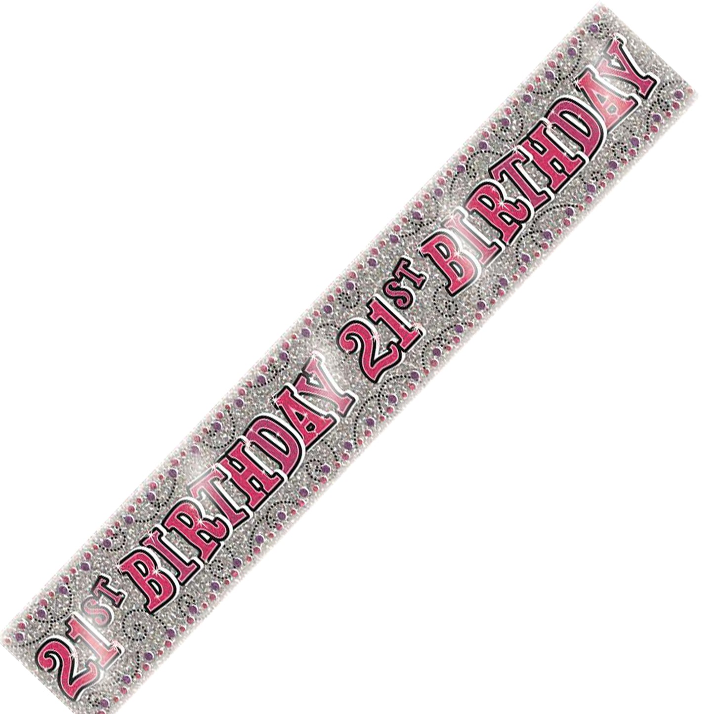 Age 21 Birthday Banner Pink And Silver Star Holographic Recyclable 21st Birthday Party Banner