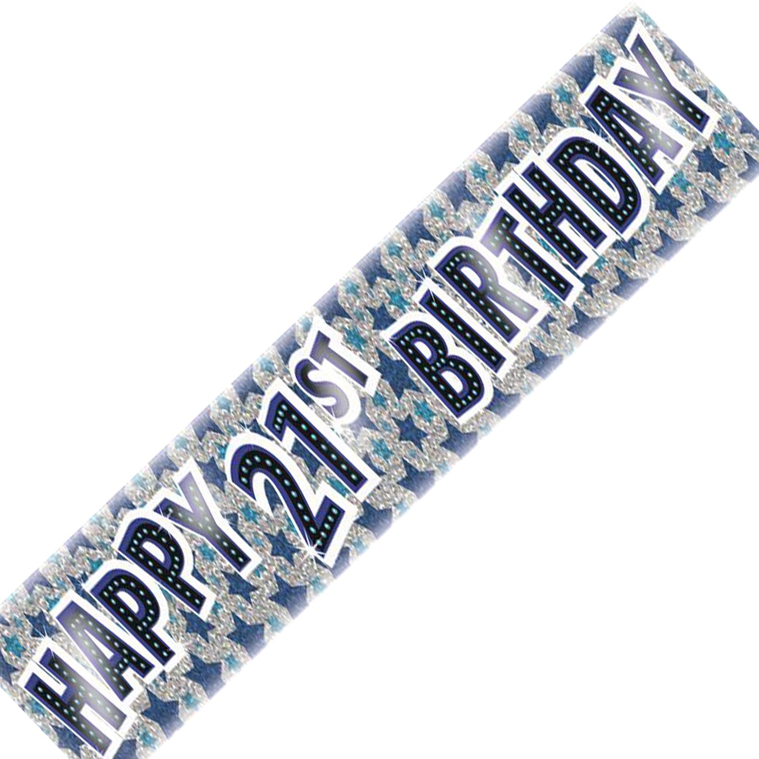 Age 21 Birthday Banner Blue And Silver Star Holographic Recyclable 21st Birthday Party Banner