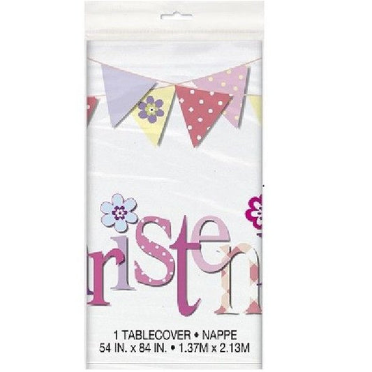 Pink Bunting Christening Rectangular Plastic Table Cover, 54" x 84"