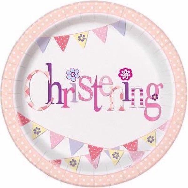 Pink Bunting Christening Round 9" Dinner Plates, 8ct
