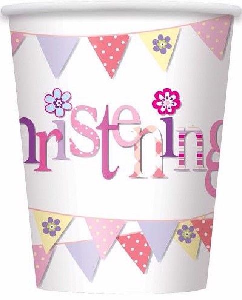 Pink Bunting Christening 9oz Paper Cups, 8ct