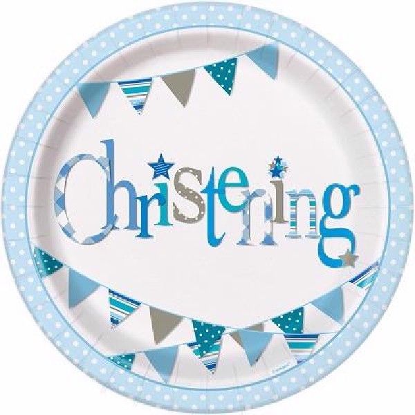 Blue Bunting Christening Round 9" Dinner Plates, 8ct