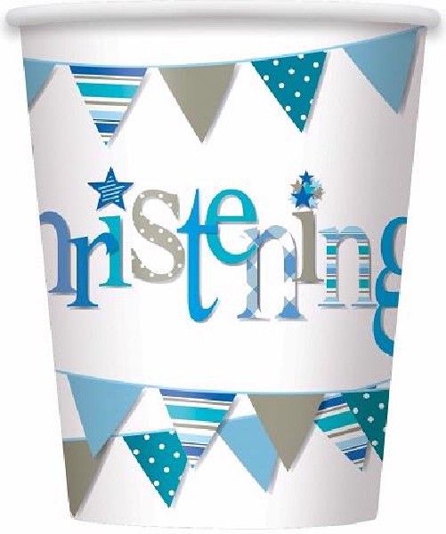 Blue Bunting Christening 9oz Paper Cups, 8ct