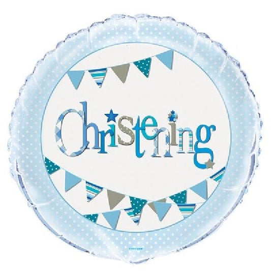 Blue Bunting Christening Round Foil Balloon 18", Packaged