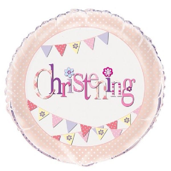 Pink Bunting Christening Round Foil Balloon 18", Packaged