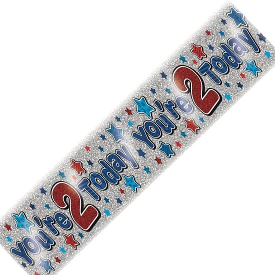 Age 2 Birthday Banner Blue, Red And Silver Holographic Recyclable 2nd Birthday Party Banner