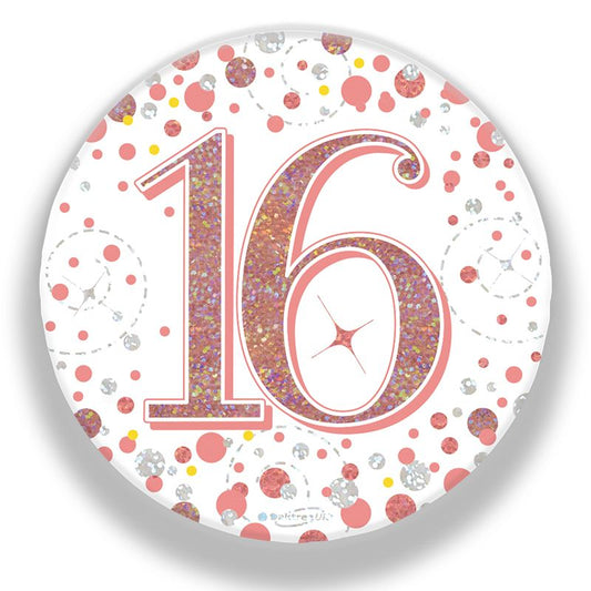 Oaktree 3" Badge 16th Birthday Sparkling Fizz Rose Gold Holographic