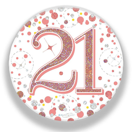 Oaktree 3" Badge 21st Birthday Sparkling Fizz Rose Gold Holographic
