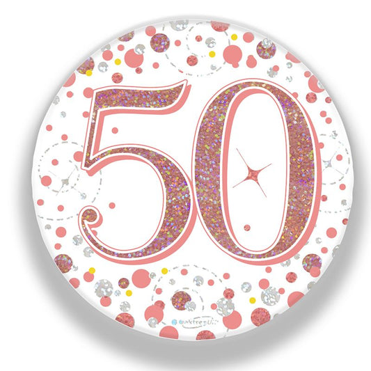 Oaktree 3" Badge 50th Birthday Sparkling Fizz Rose Gold Holographic